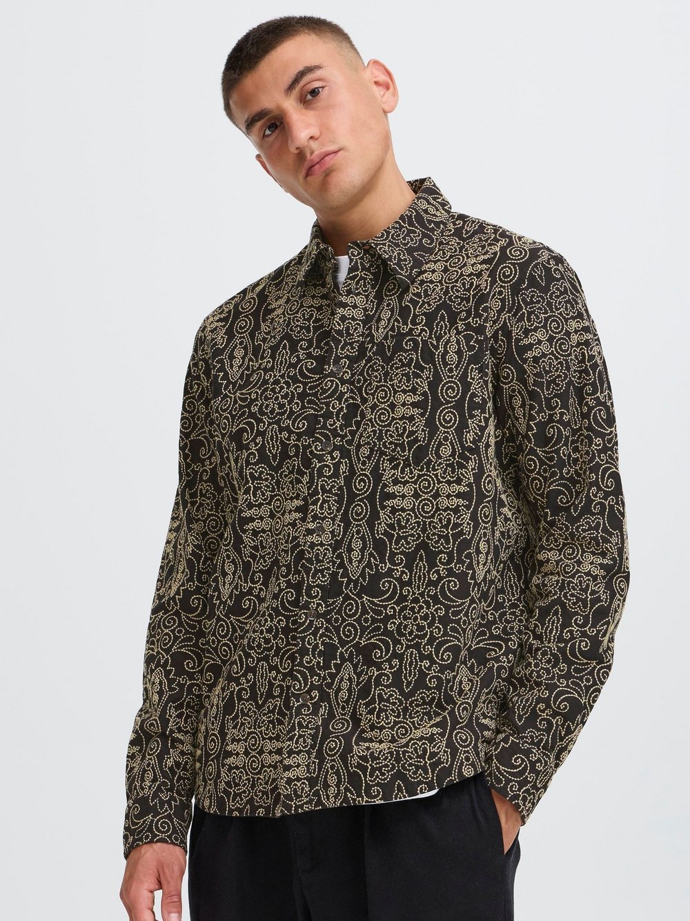 Solid Hemdjacke Herren Baumwolle schwarz gemustert, M