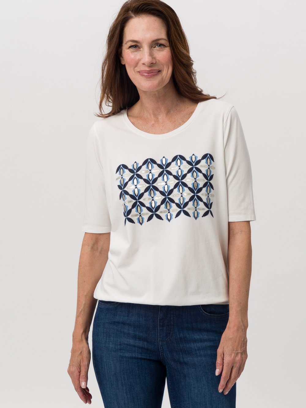 Frank Walder Shirt Damen Modal blau bedruckt, 38