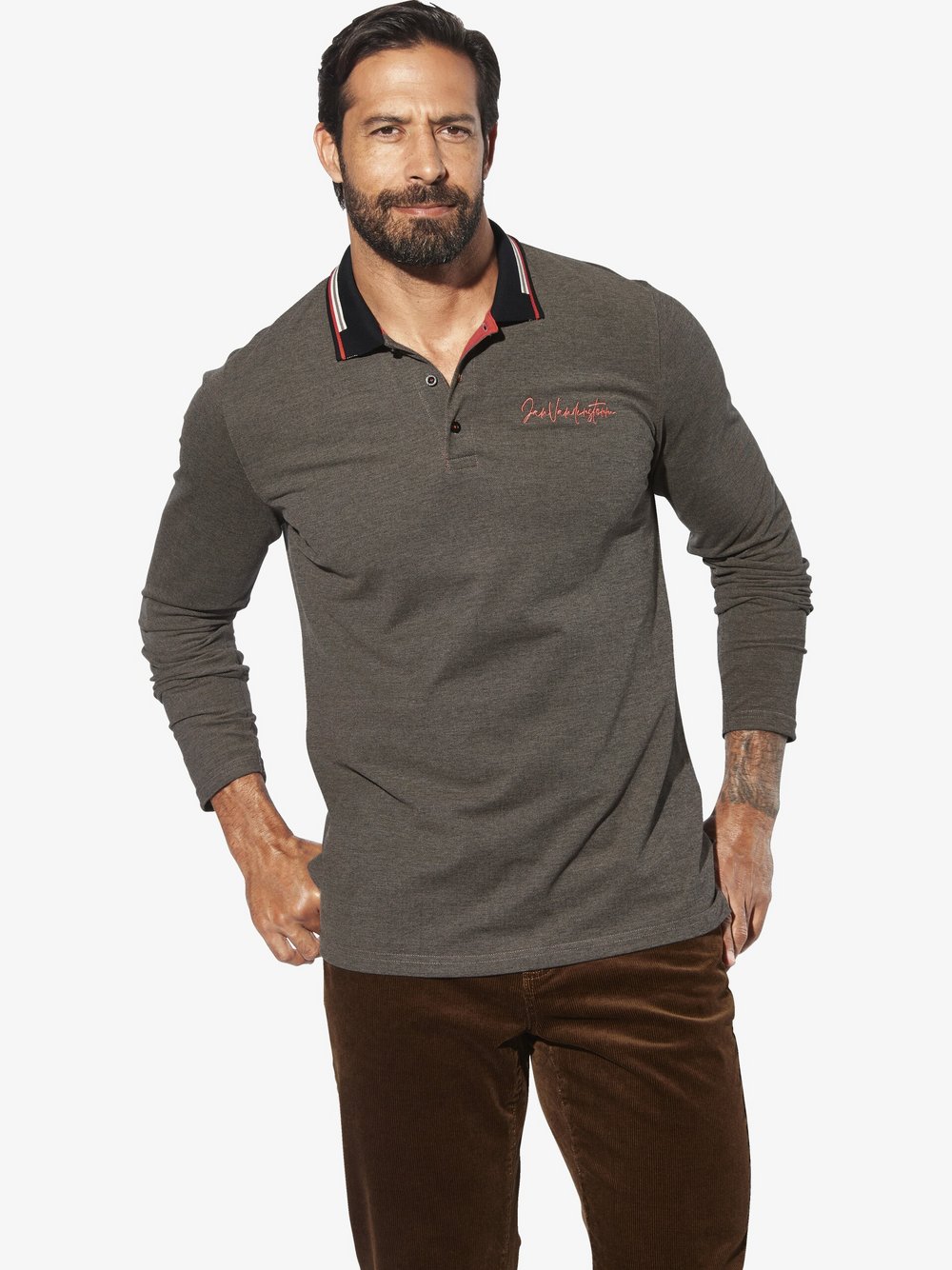 Thumbnail - Jan Vanderstorm Langarm-Poloshirt Herren Baumwolle schwarz, XXXL