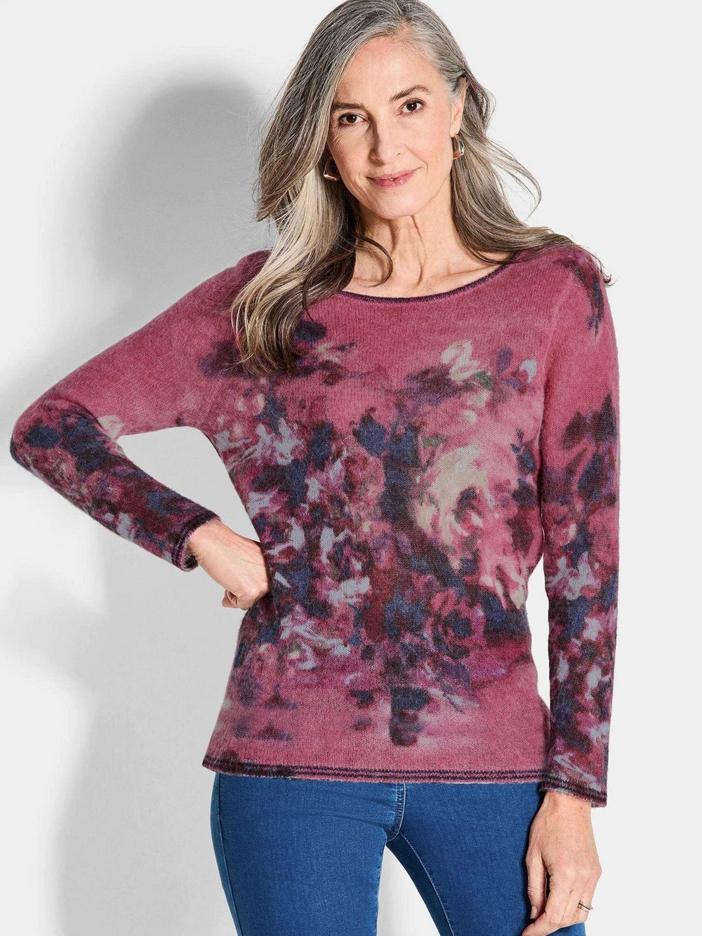 Goldner Feinstrickpullover Damen Polyamid pink gemustert, 42
