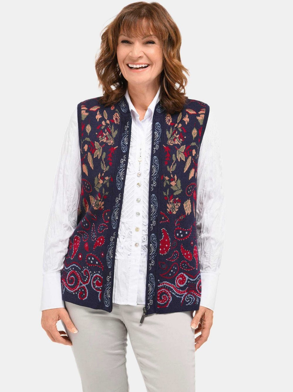Goldner Strickweste Damen Baumwolle blau gemustert, 46