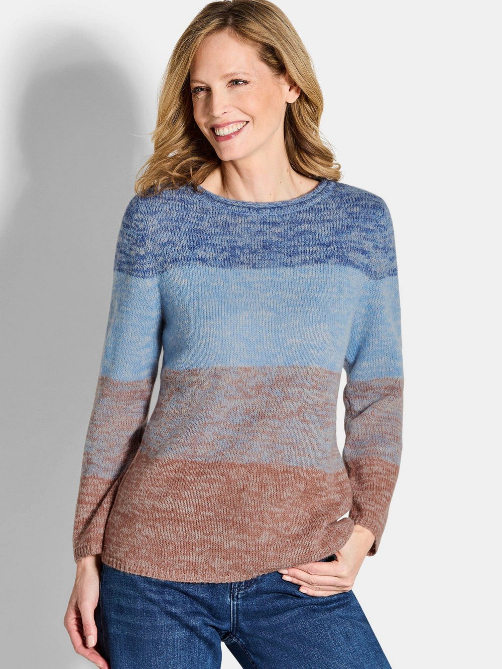 Goldner Strickpullover Damen Schurwolle blau gemustert, 46
