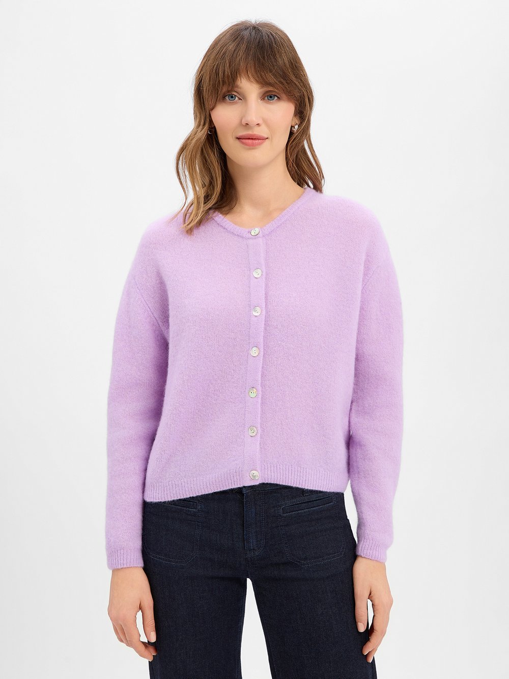 american vintage Strickjacke mit Wolle und Alpaka Damen Feinstrick lila, M