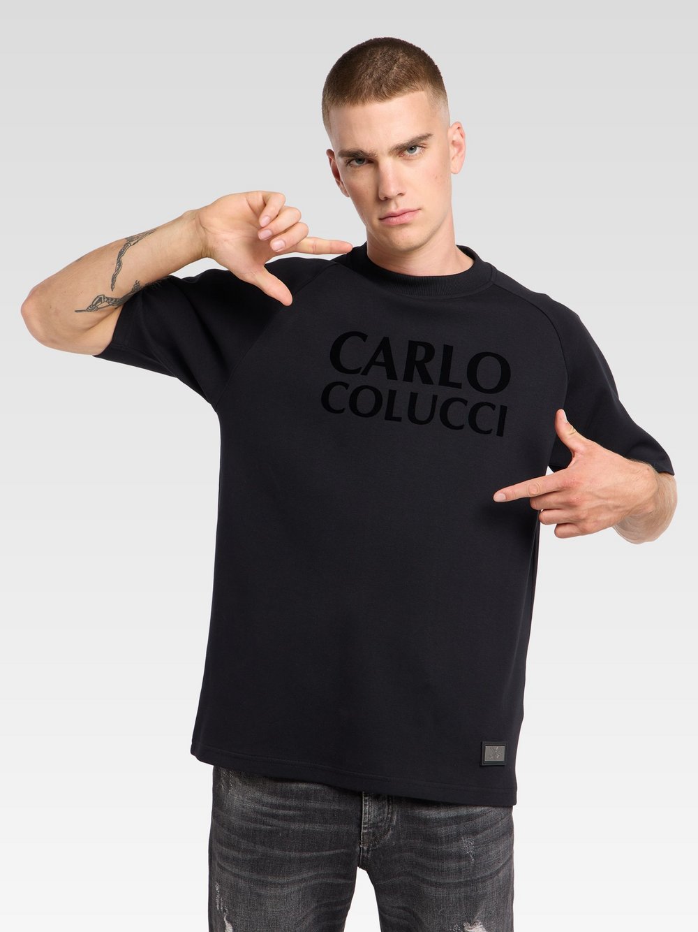 Thumbnail - Carlo Colucci T-Shirt  Herren Baumwolle schwarz gemustert, XL