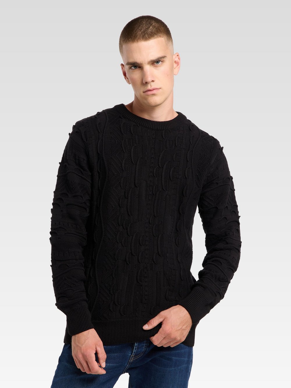 Thumbnail - Carlo Colucci Strickpullover Herren Baumwolle schwarz gemustert, M