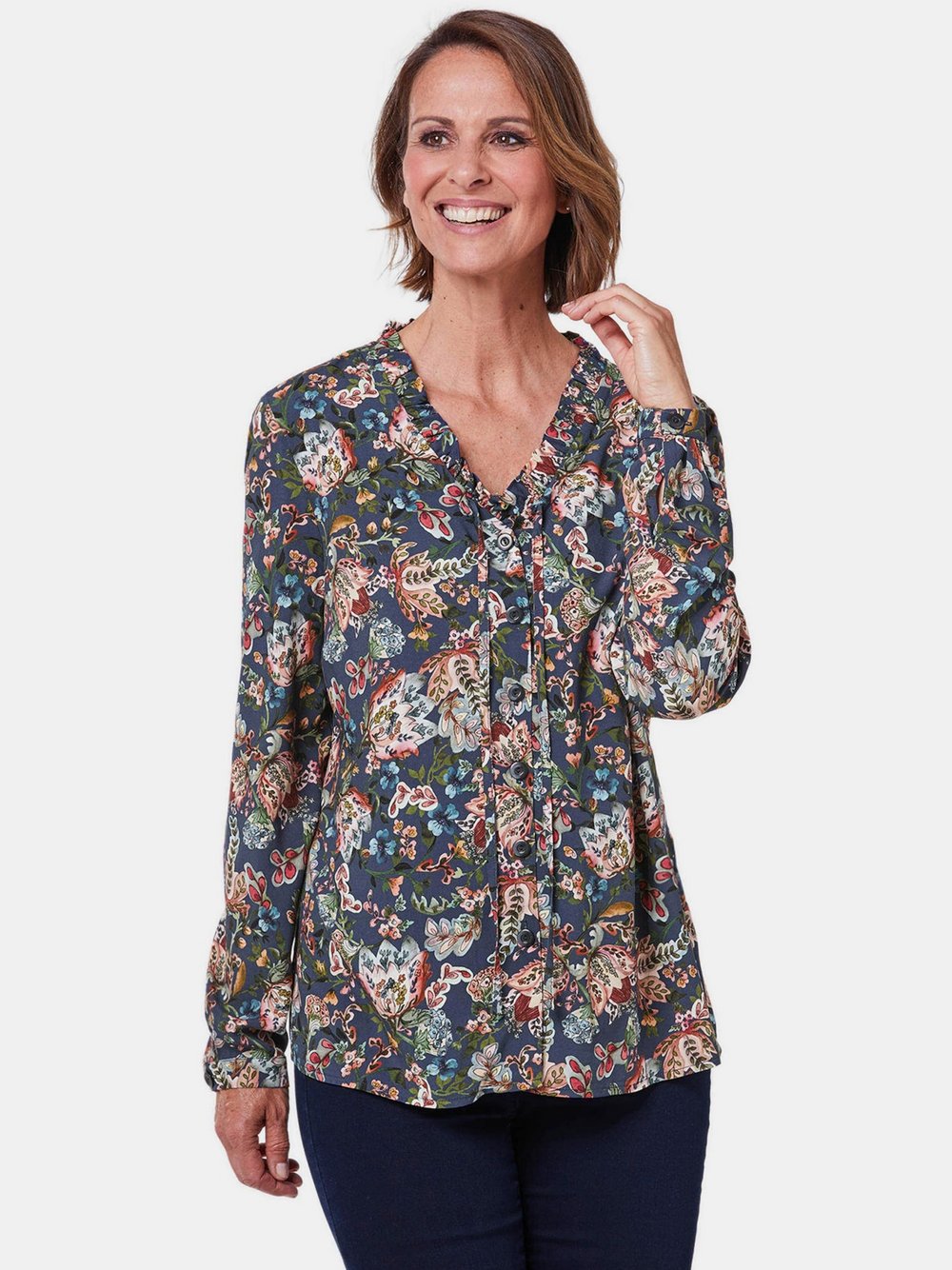 Goldner Bluse Damen Viskose blau bedruckt, 44