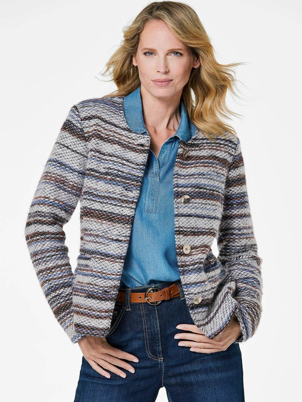 Goldner Blazer Damen Baumwolle blau gemustert, 48