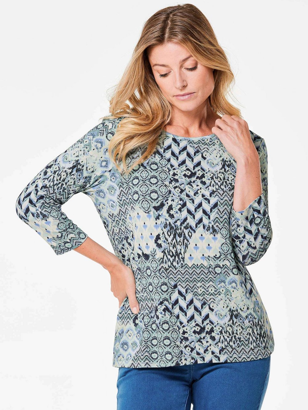 Goldner Blusenshirt Damen Viskose blau gemustert, 42