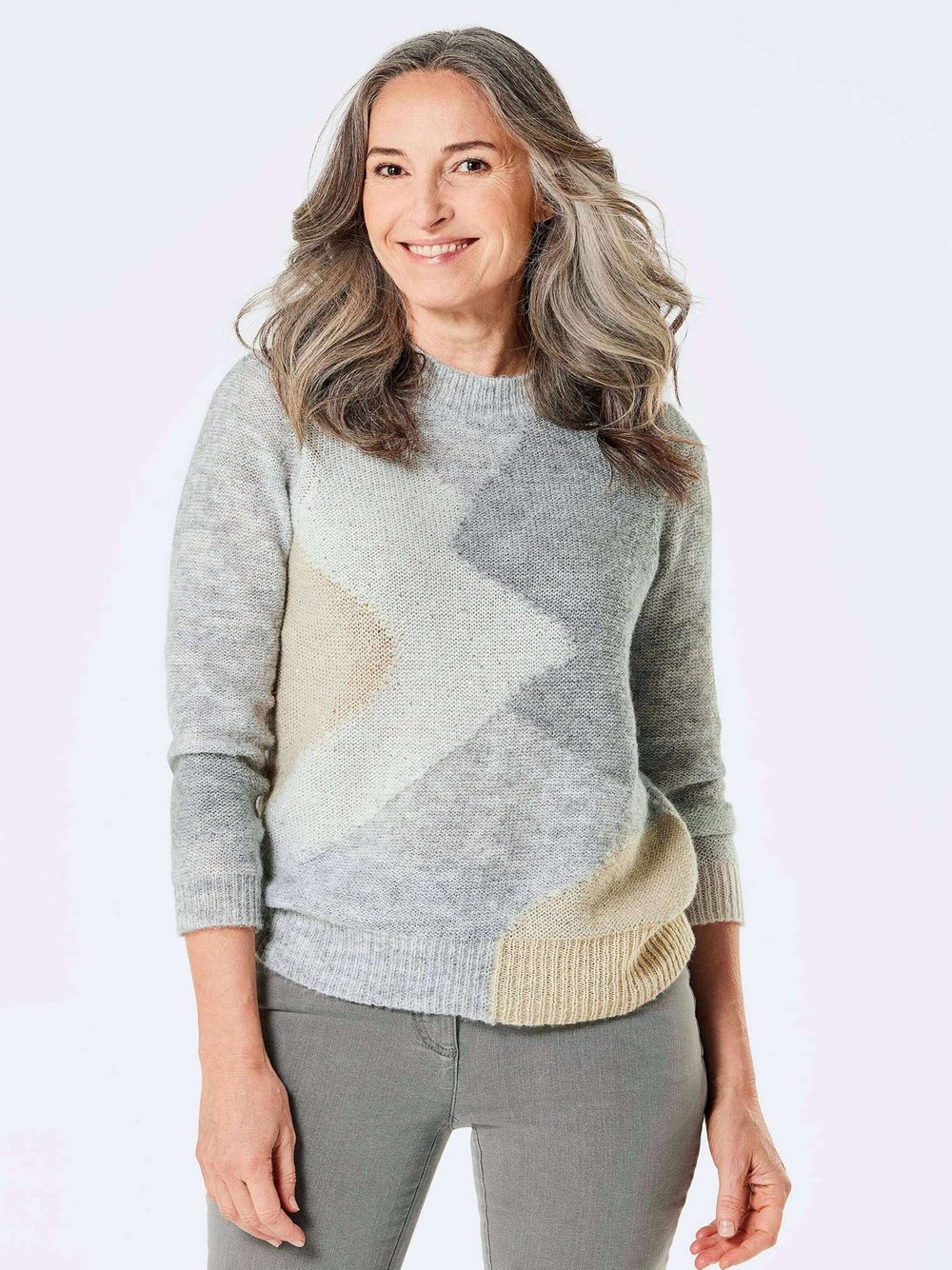 Goldner Strickpullover Damen grau gemustert, 46