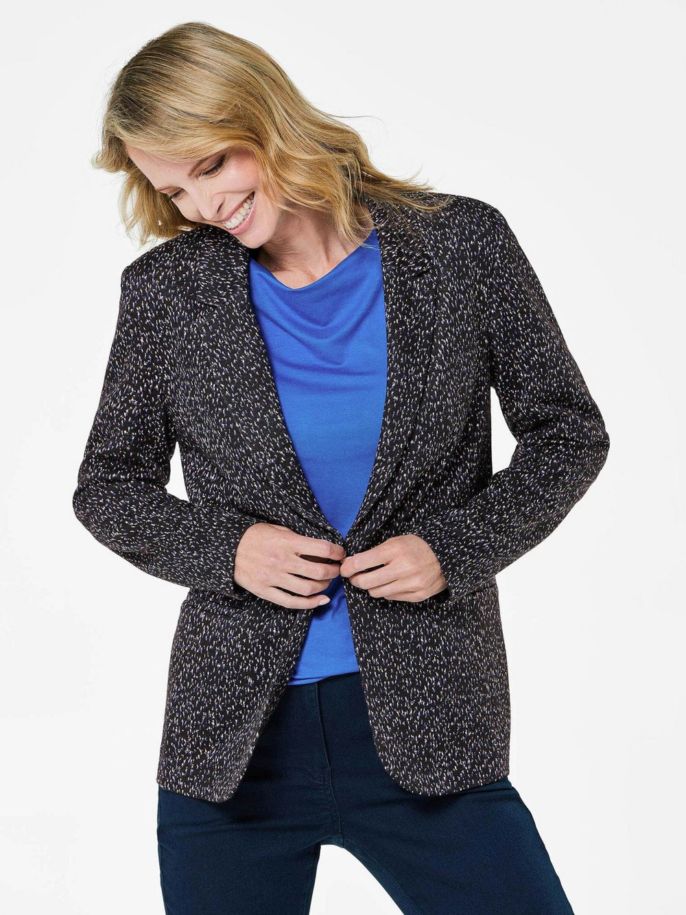 Goldner Jacquardblazer Damen Polyamid blau gemustert, 50