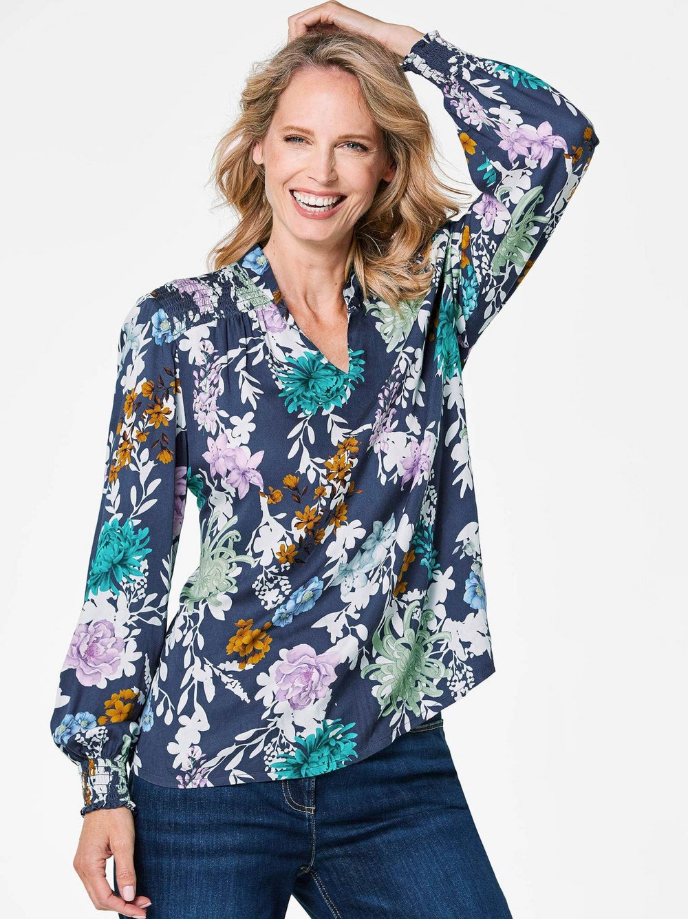 Goldner Tunika Damen Viskose blau gemustert, 46