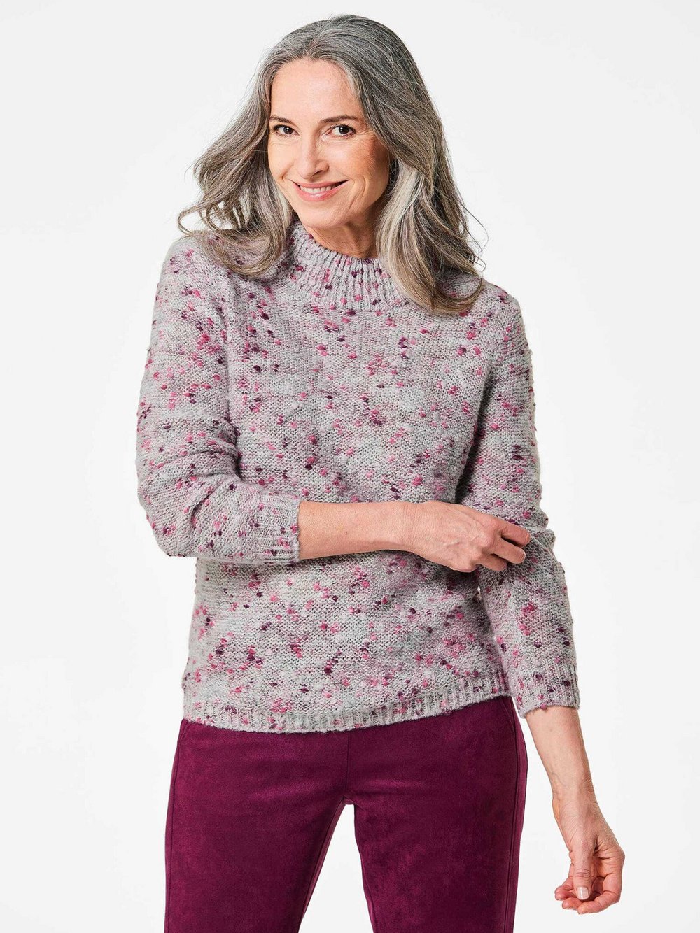 Goldner Bouclé-Pullover Damen grau meliert, 50