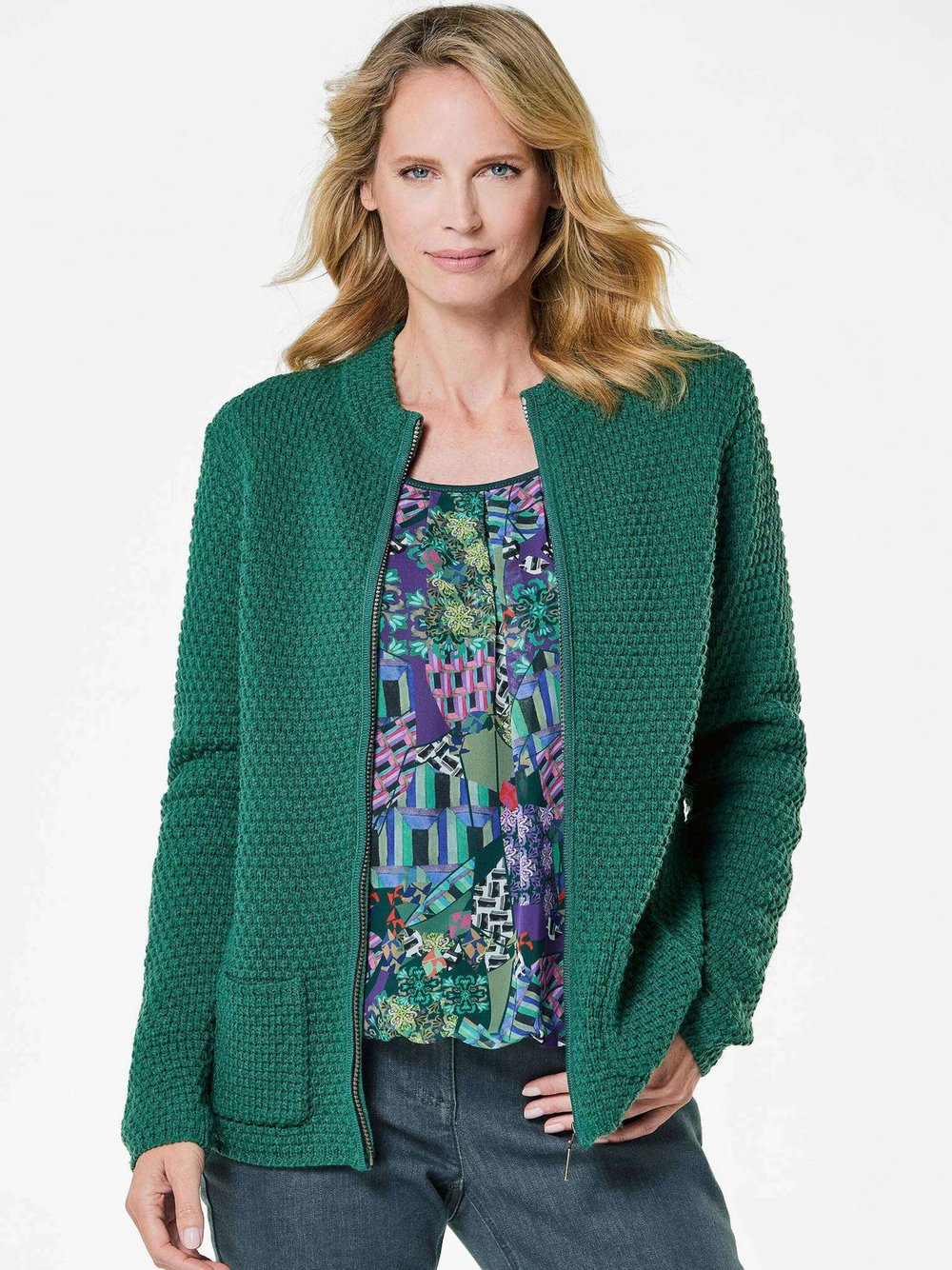 Thumbnail - Goldner Strickjacke Damen Schurwolle grün, 42