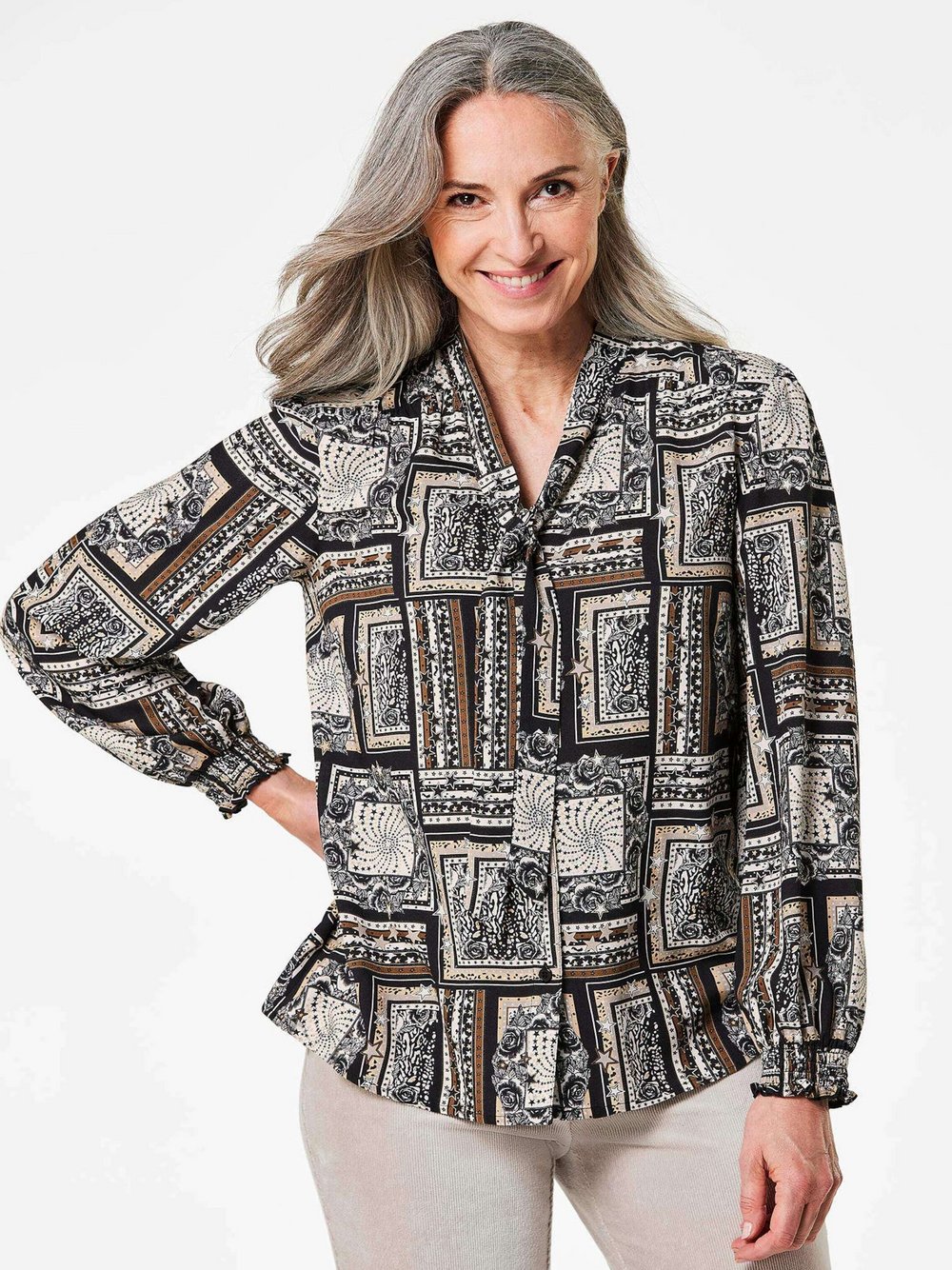 Thumbnail - Goldner Druckbluse Damen Viskose schwarz gemustert, 40