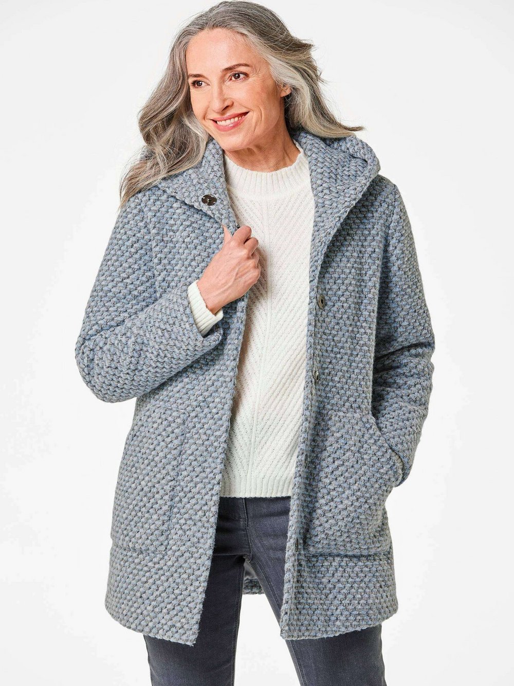 Thumbnail - Goldner Mantel Damen blau meliert, 46