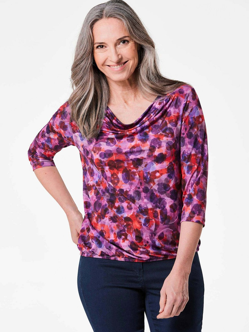 Thumbnail - Goldner Jerseyshirt Damen lila gemustert, 42