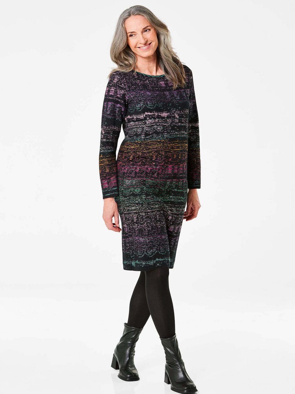 Thumbnail - Goldner Strickkleid Damen Baumwolle mehrfarbig gemustert, 42