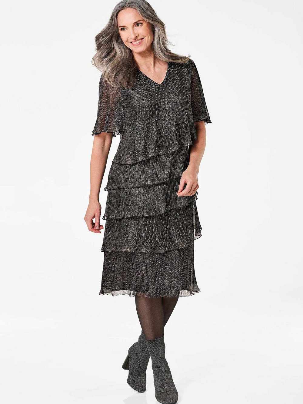 Goldner Plisseekleid Damen schwarz strukturiert, 50