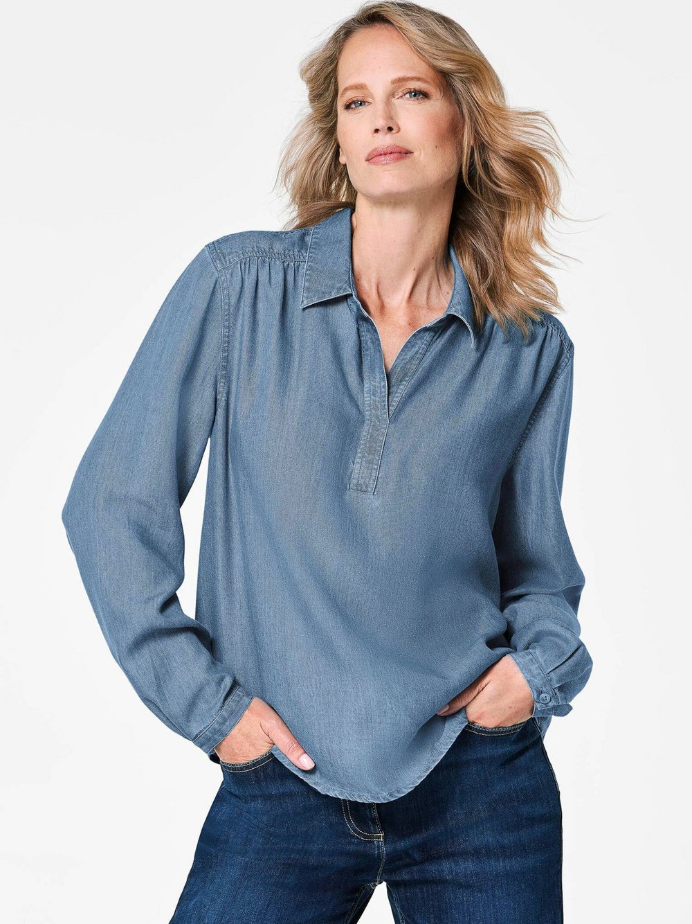 Thumbnail - Goldner Schlupfbluse Damen Lyocell blau, 44