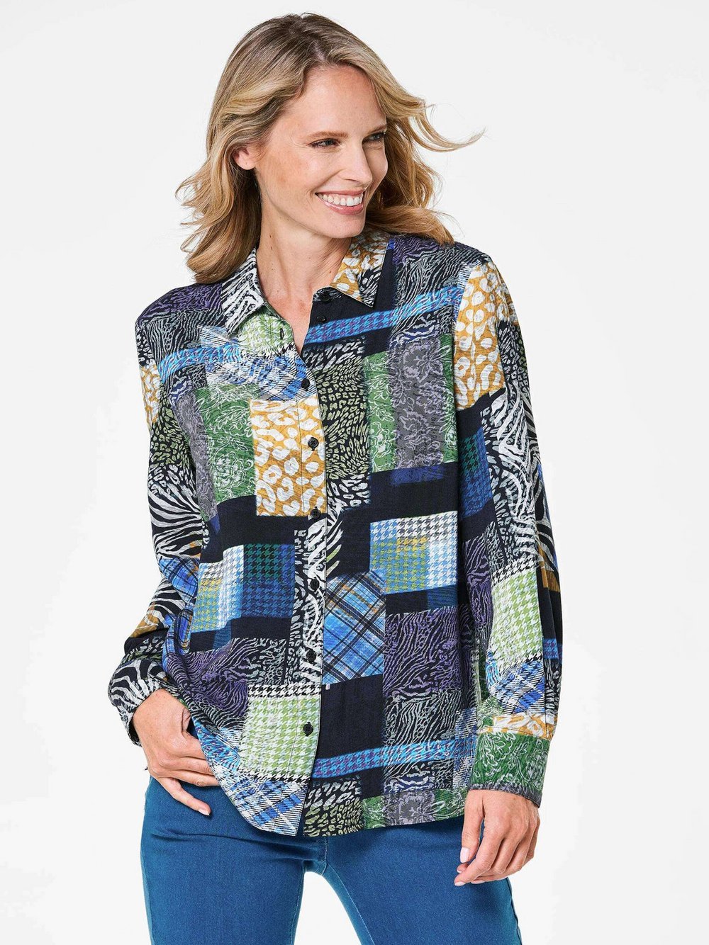 Goldner Hemdbluse Damen Viskose blau gemustert, 40