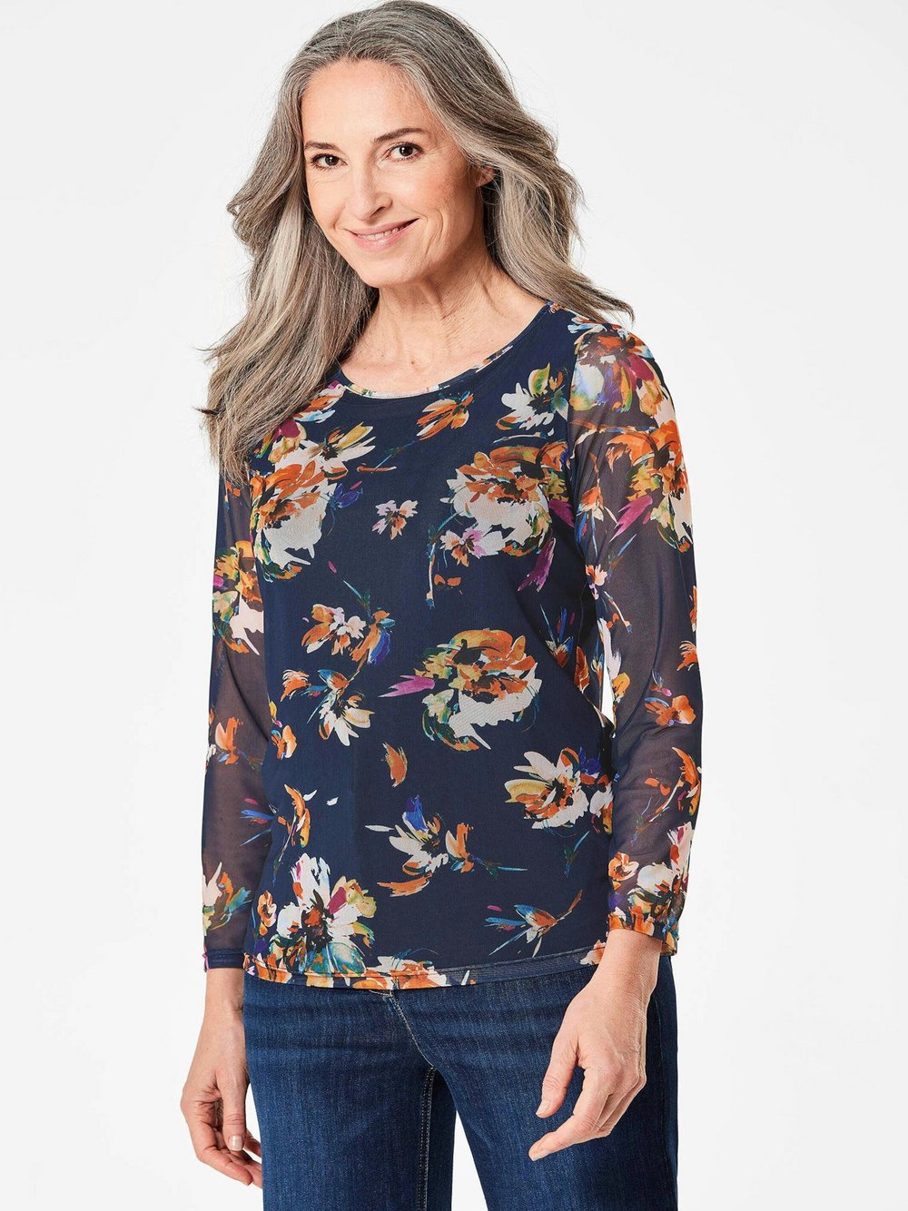 Goldner Mesh-Shirt Damen blau gemustert, 52