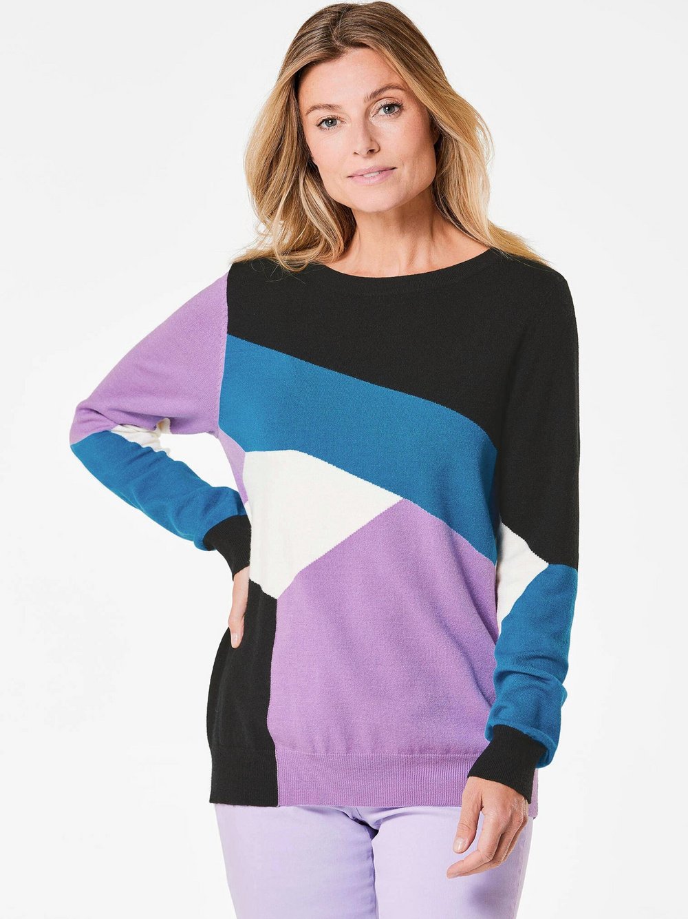 Thumbnail - Goldner Strickpullover Damen schwarz gemustert, 38