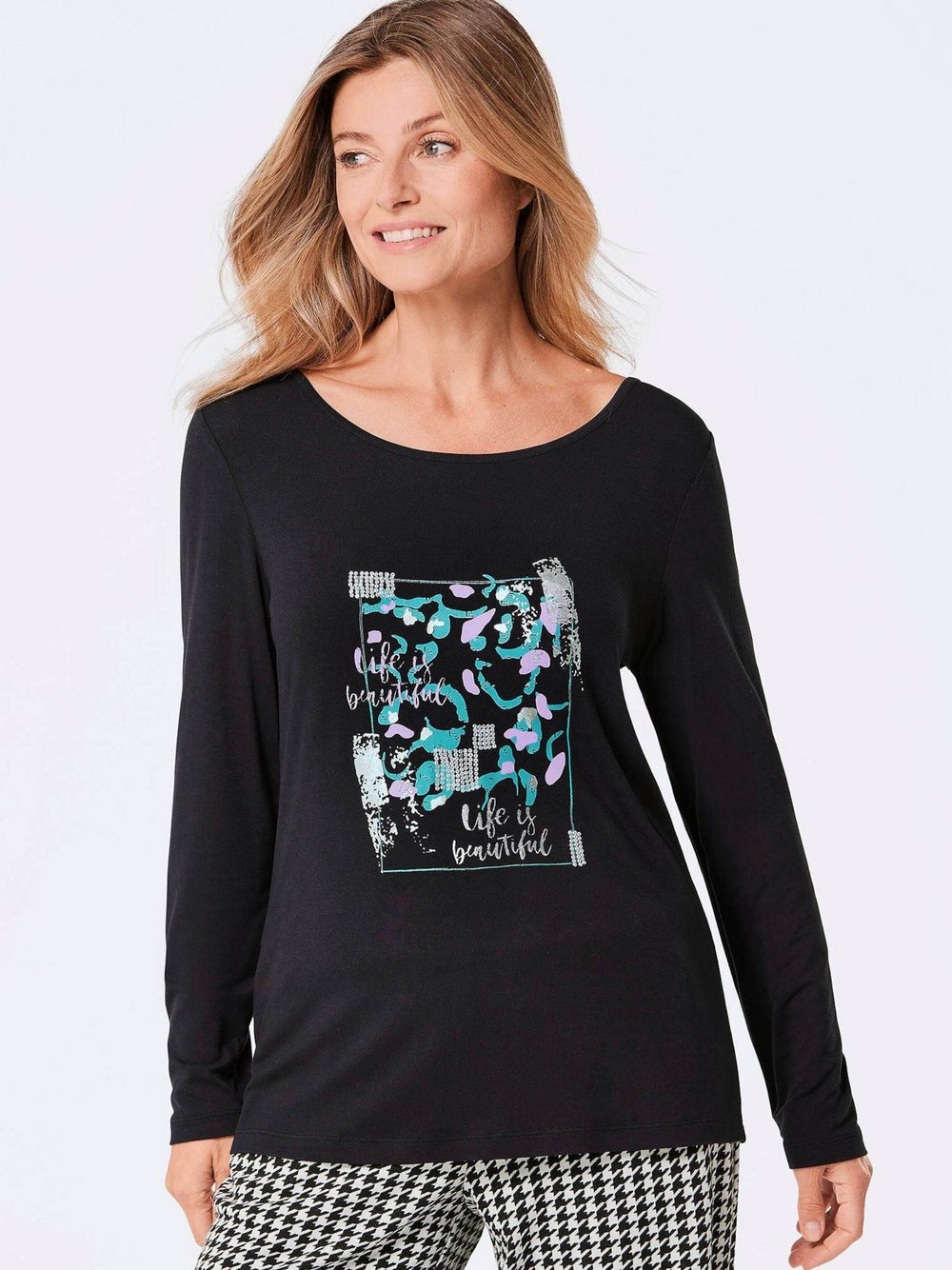 Goldner Shirt Damen Viskose schwarz gemustert, 46