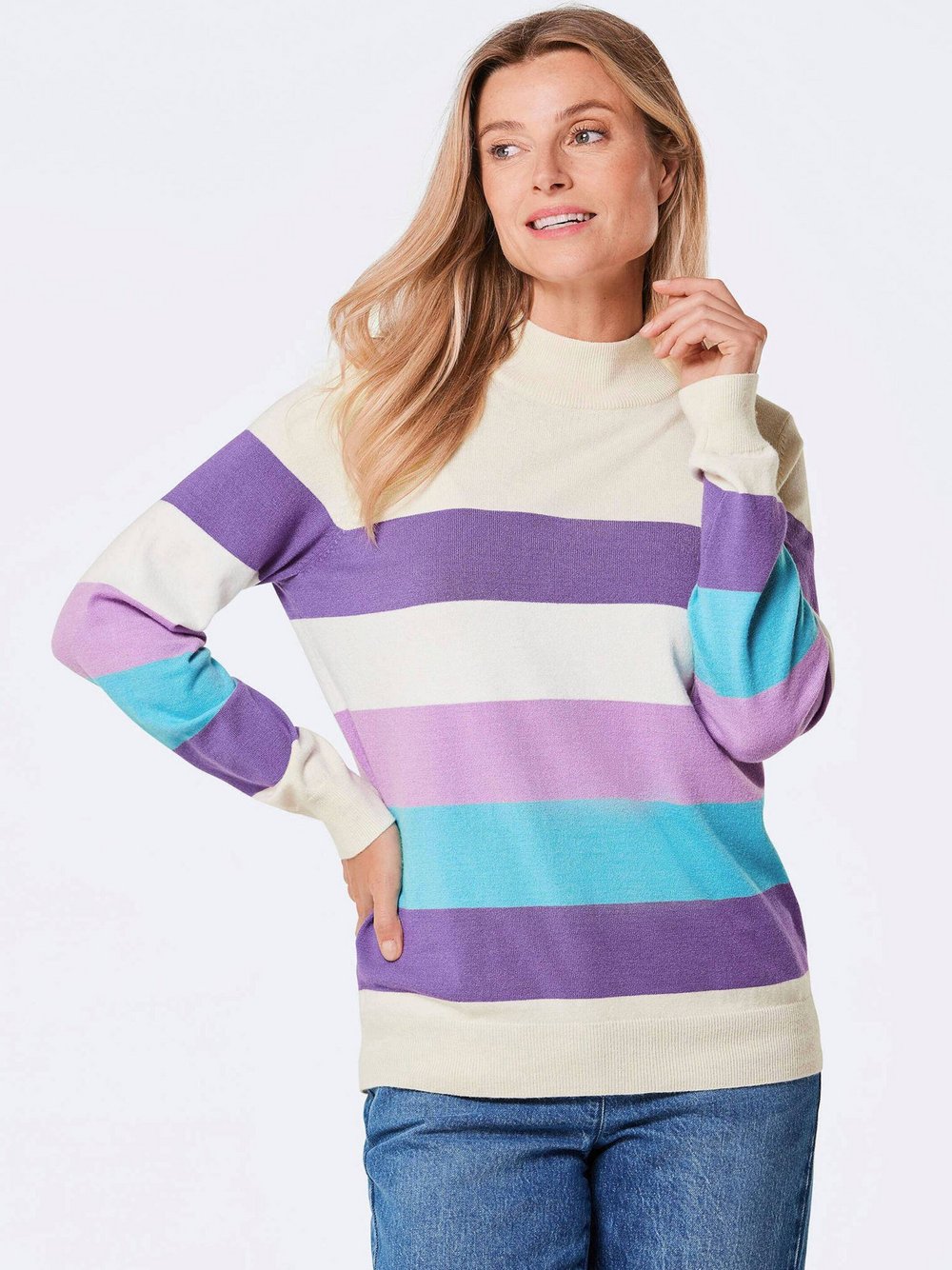 Thumbnail - Goldner Strickpullover Damen mehrfarbig gestreift, 46