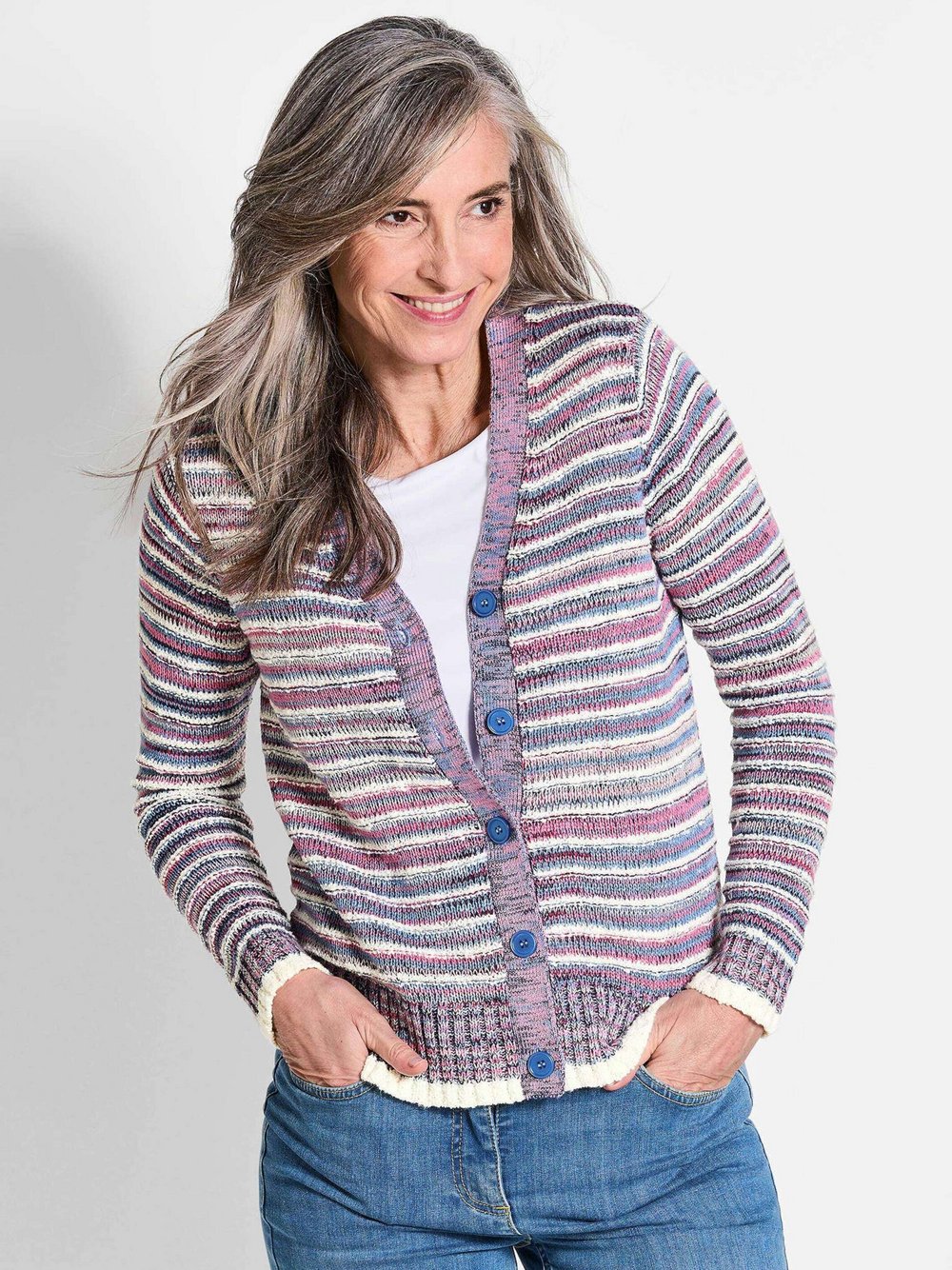 Goldner Strickjacke Damen Baumwolle mehrfarbig gestreift, 48