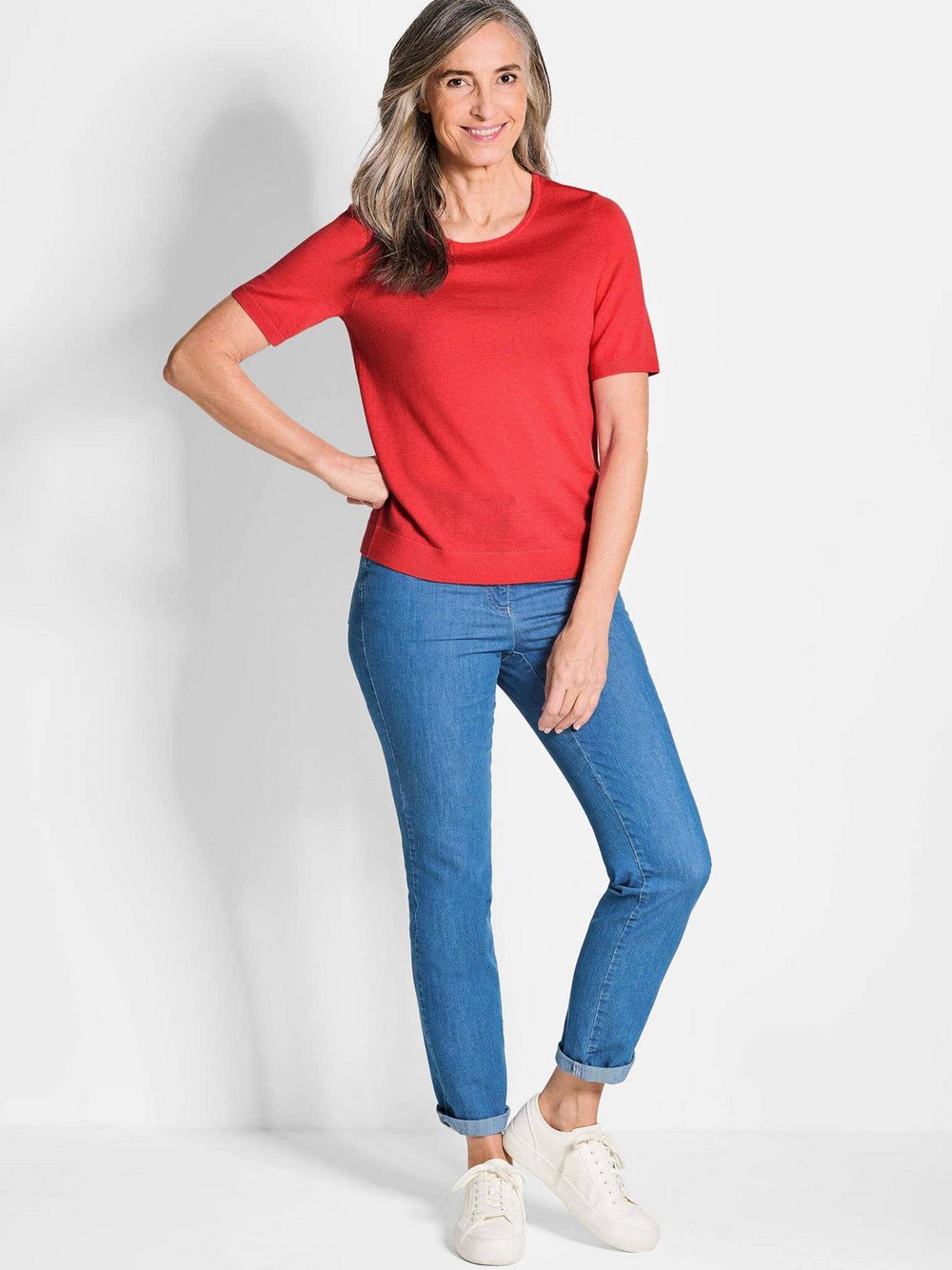 Goldner Strickpullover Damen Schurwolle rot gemustert, 38