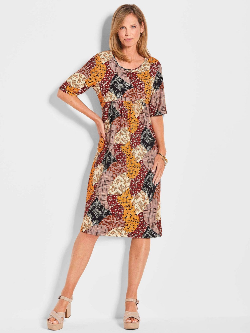 Goldner Jerseykleid Damen Viskose braun gemustert, 50