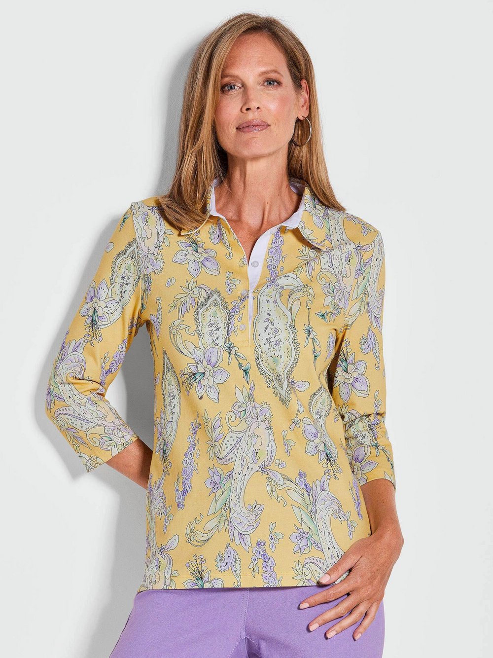 Goldner Poloshirt Damen Baumwolle gelb gemustert, 54