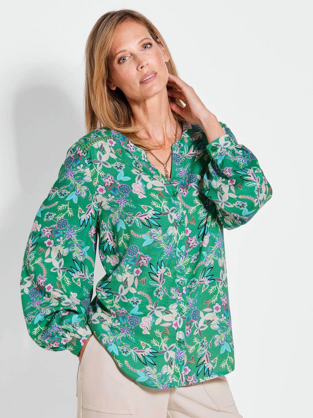 Goldner Bluse Damen Viskose grün gemustert, 52