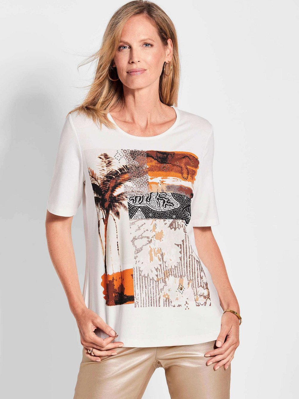 Thumbnail - Goldner Shirt Damen Viskose weiß gemustert, 50