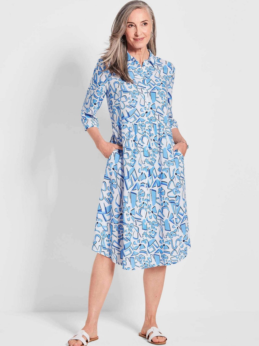 Goldner Druckkleid Damen Viskose blau gemustert, 48