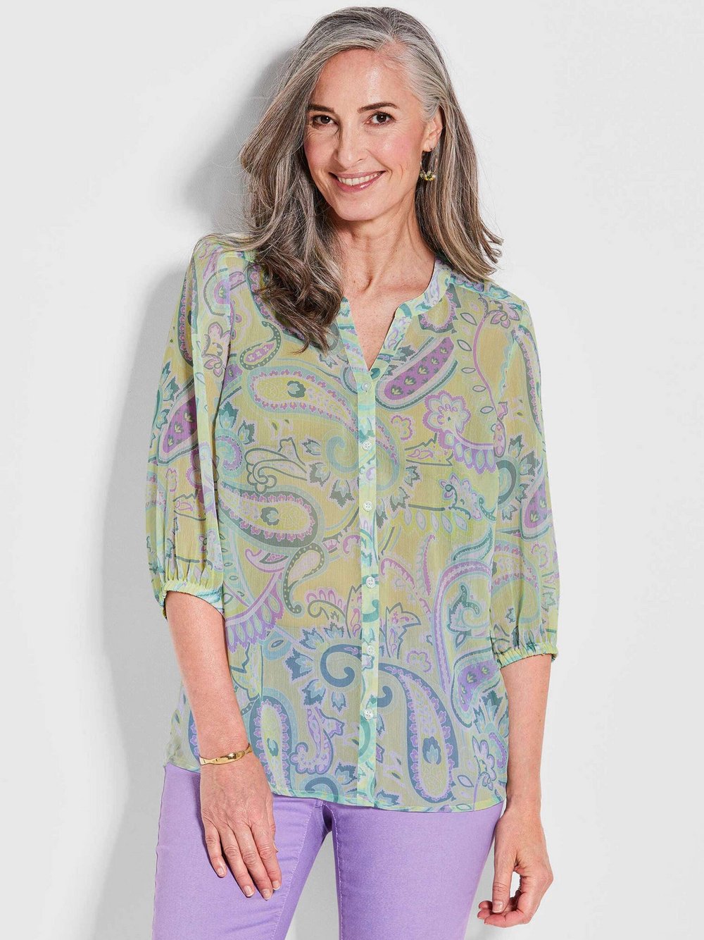 Goldner Chiffonbluse Damen Viskose gelb gemustert, 46