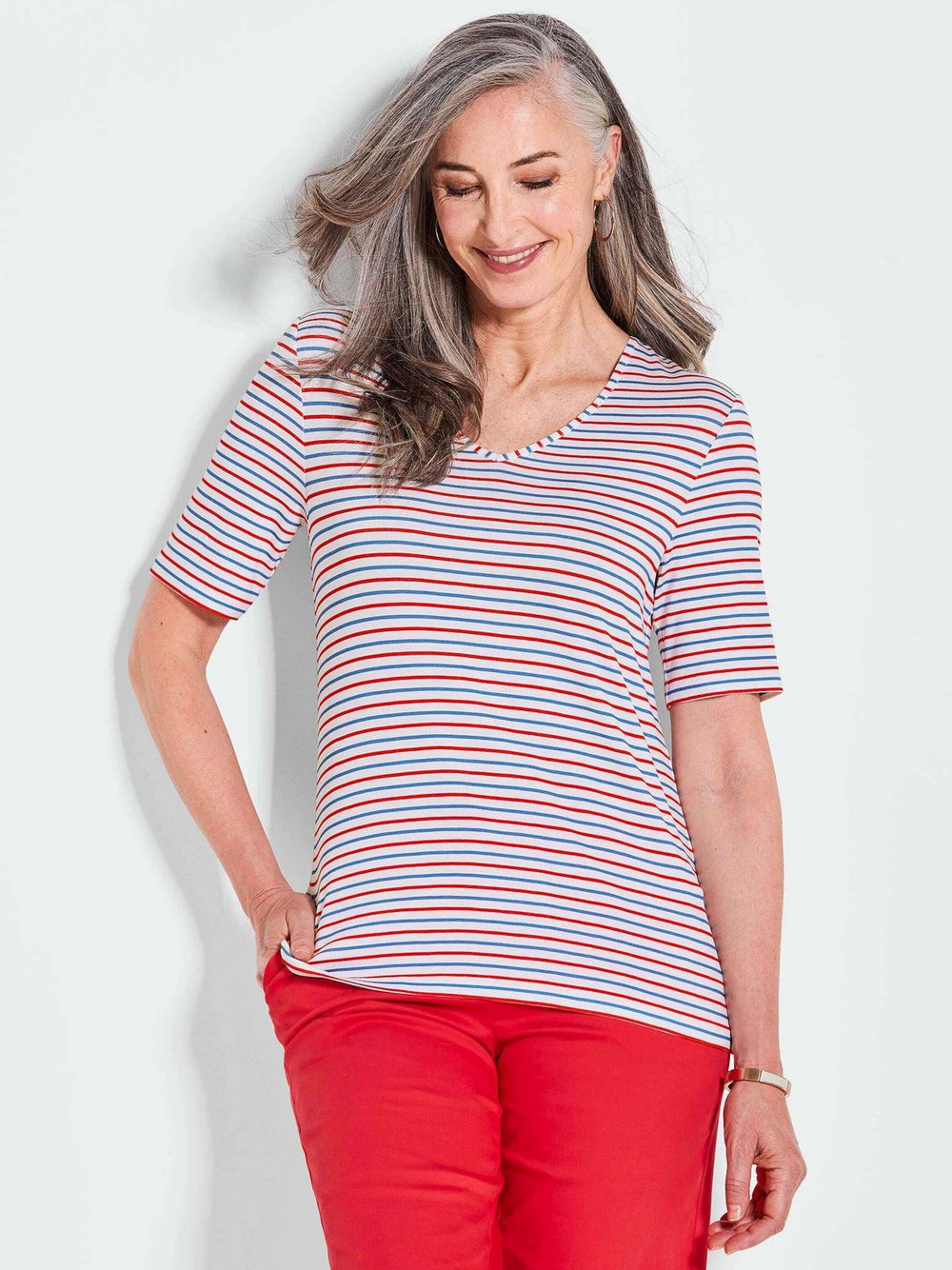 Goldner Ringelshirt Damen Viskose rot gestreift, 38