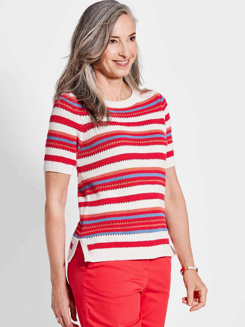 Goldner Strickpullover Damen Baumwolle rot gemustert, 48