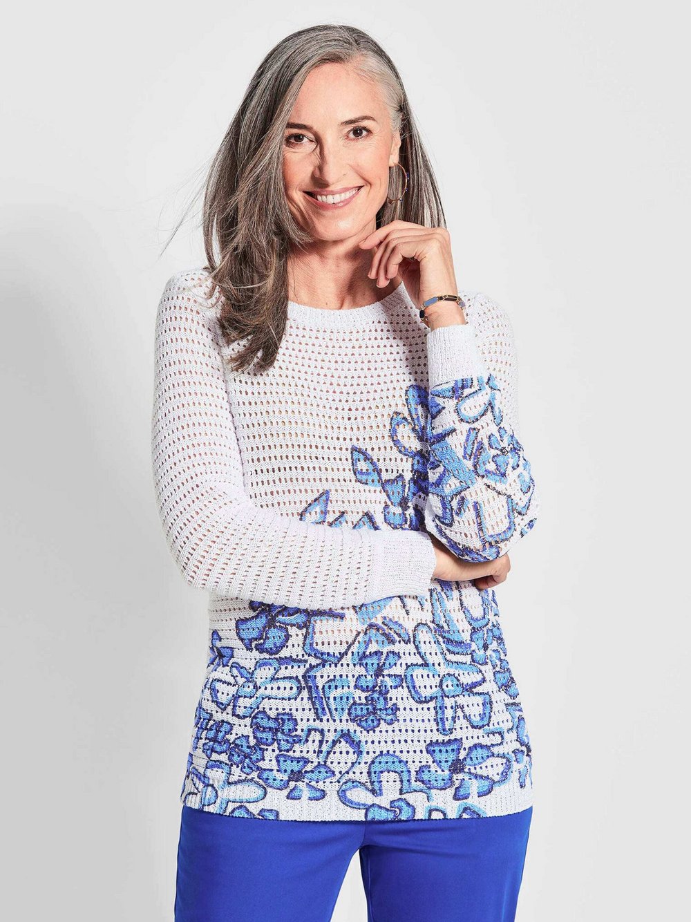 Thumbnail - Goldner Strickpullover Damen weiß bedruckt, 42