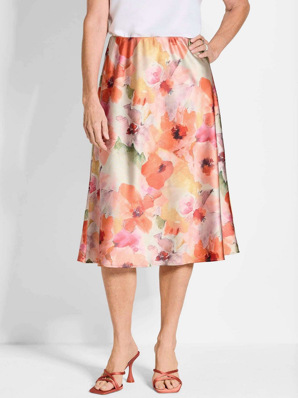 Thumbnail - Goldner Satinrock Damen orange gemustert, 42