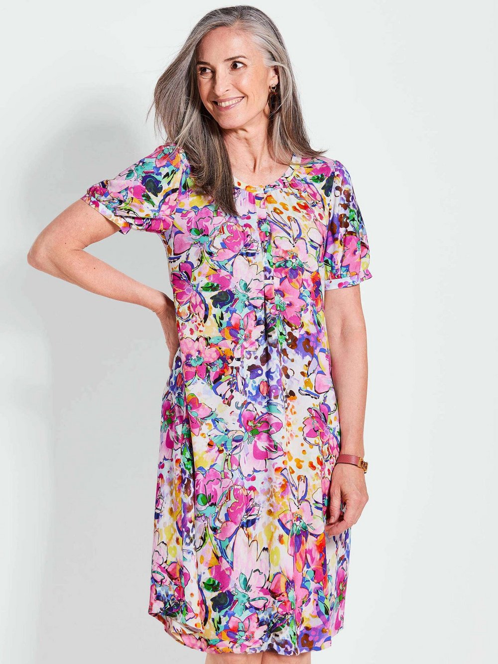 Thumbnail - Goldner Kleid Damen Viskose pink gemustert, 44