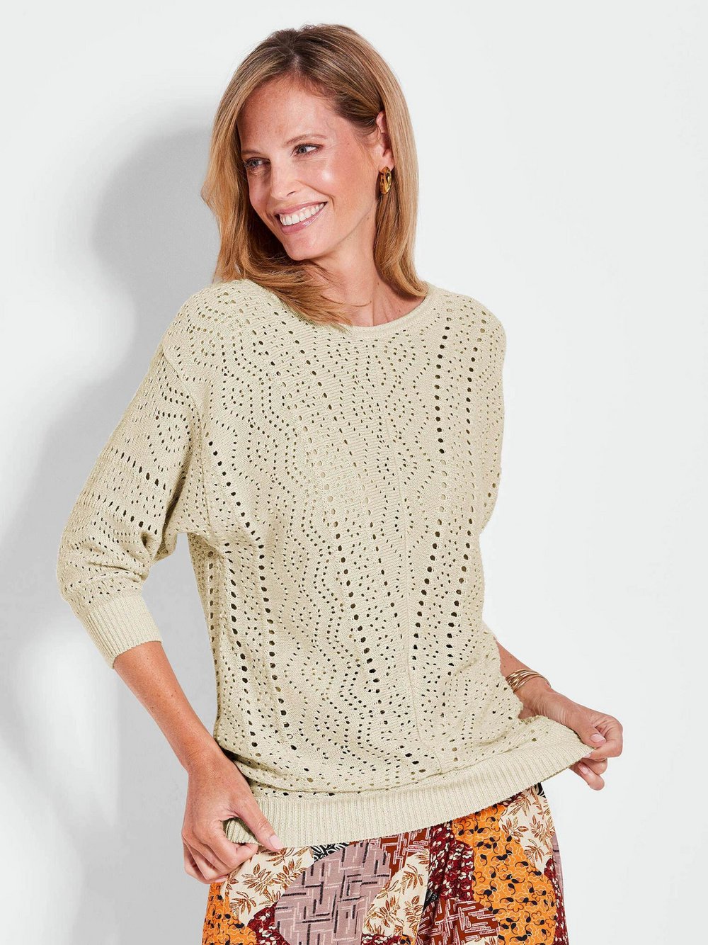 Goldner Lochstrickpullover Damen Baumwolle beige, 44