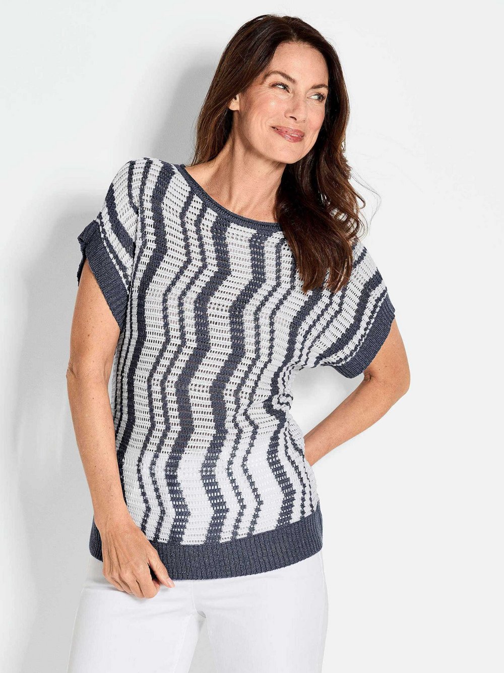 Goldner Strickpullover Damen Baumwolle blau gemustert, 42