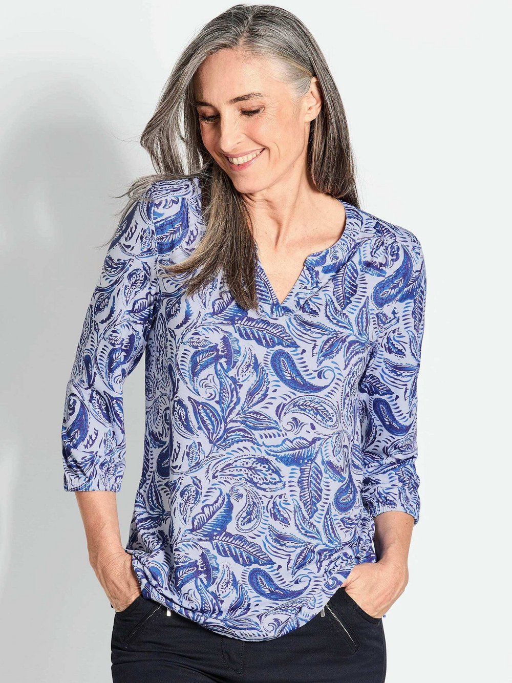 Goldner Jerseybluse Damen Viskose blau bedruckt, 44