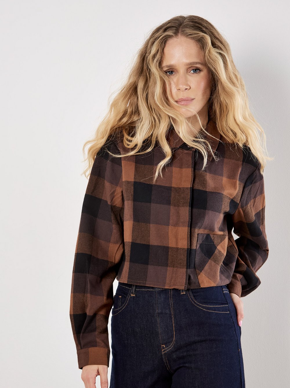 Thumbnail - Apricot Bluse Damen Baumwolle braun kariert, 40