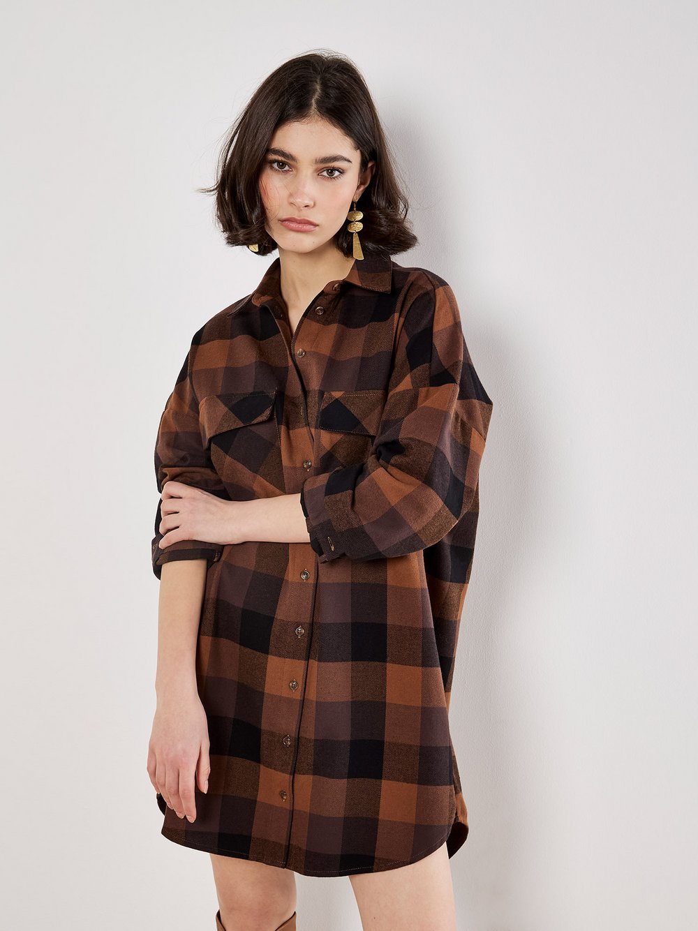 Thumbnail - Apricot Minikleid Damen Baumwolle braun kariert, 34