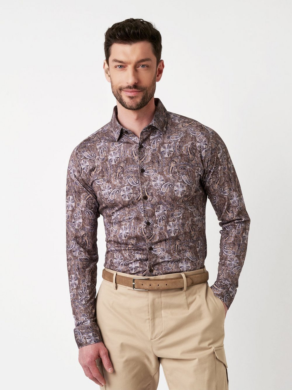 DESOTO Hemd Casual Kent Herren Regular Fit Baumwolle braun gemustert, M