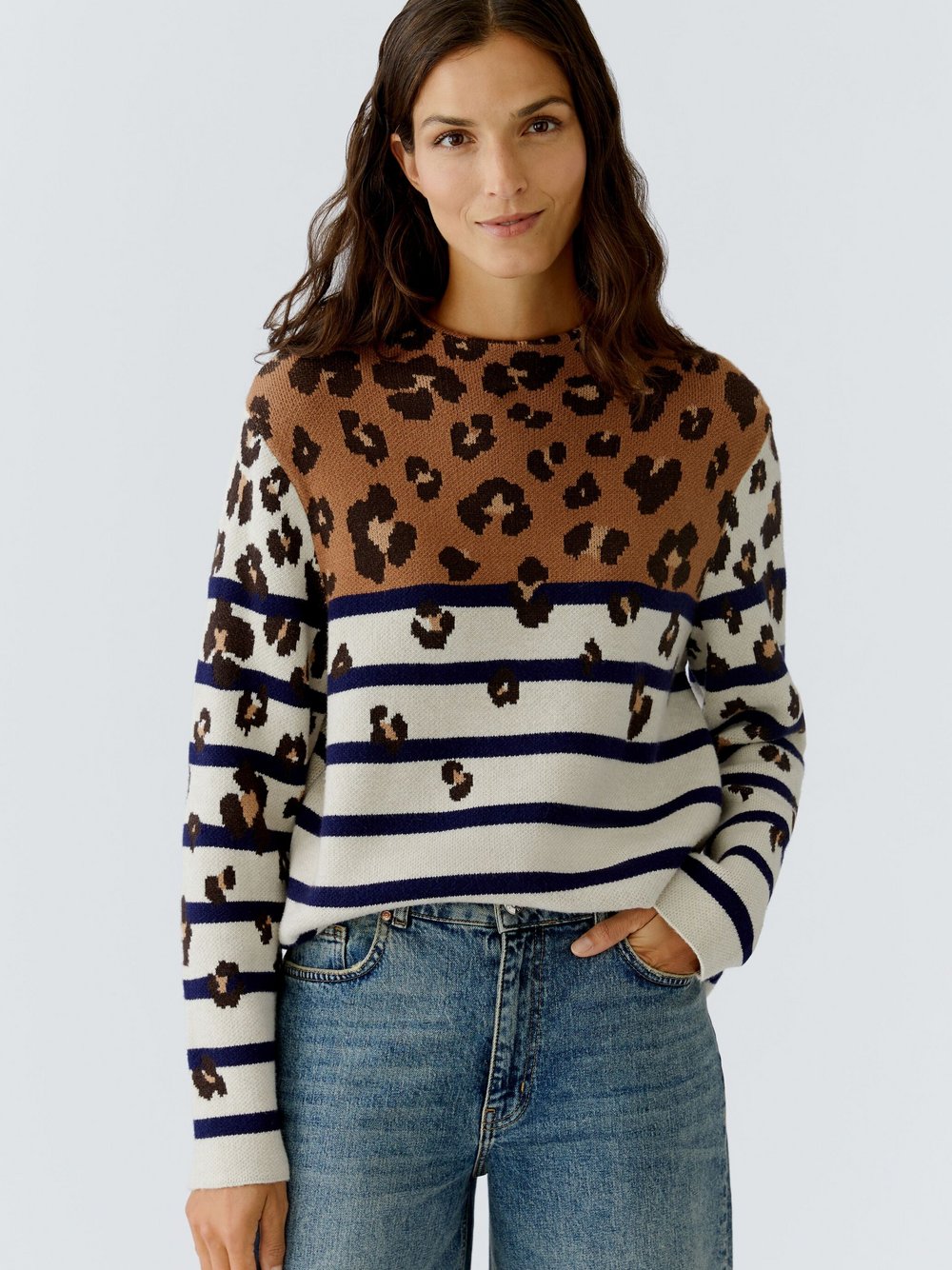 Thumbnail - Oui Pullover Damen Viskose braun gestreift, 40