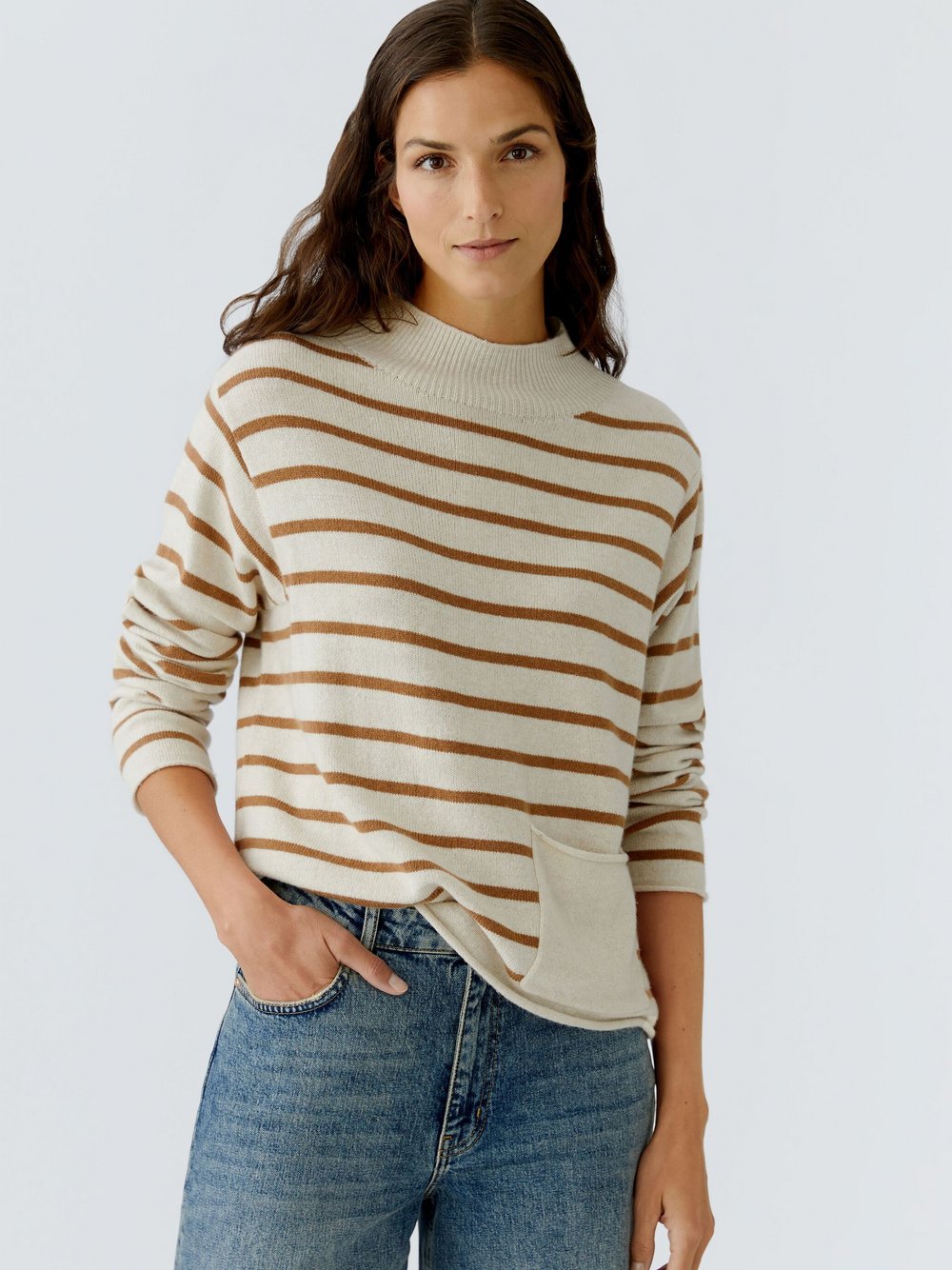 Thumbnail - Oui Pullover Damen Wolle beige gestreift, 42