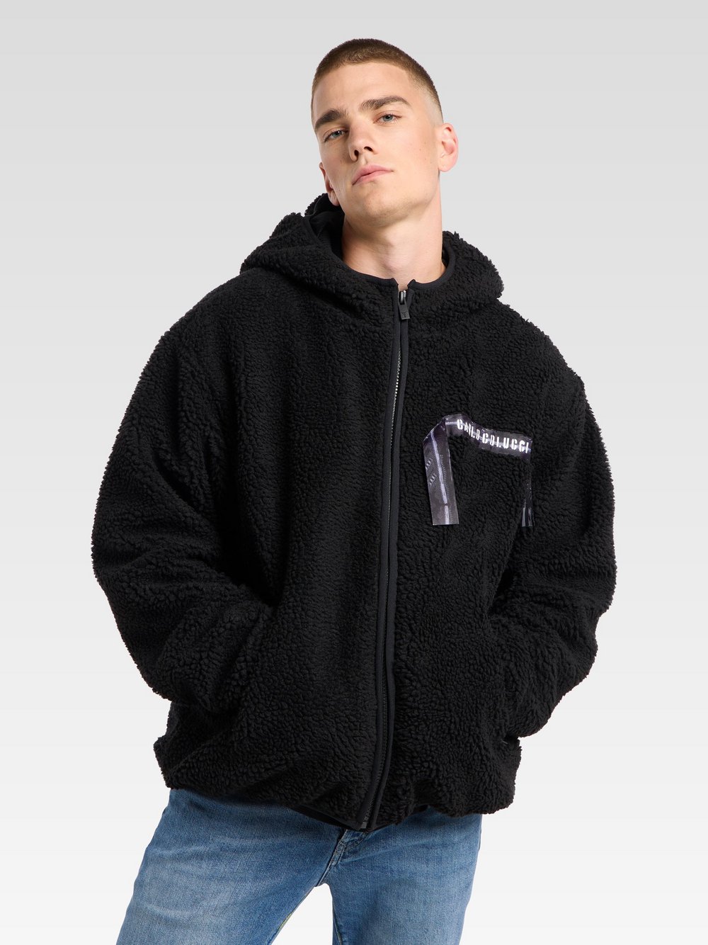 Thumbnail - Carlo Colucci Kapuzenfleecejacke Herren schwarz gemustert, XL